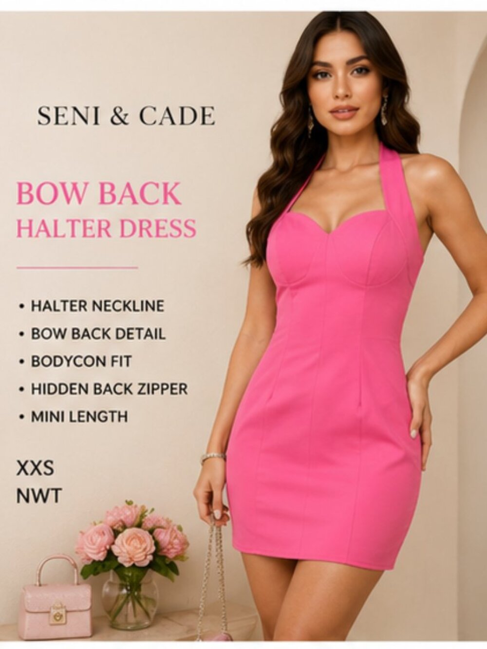 Seni & Cade Pink Bow Back Halter Bodycon Mini Dress XXS NWT Barbiecore Club